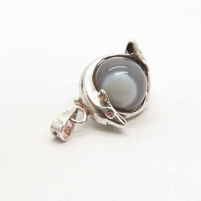 925 Sterling Silver Vintage Real Agate Gem Friendly Dolphins Pendant