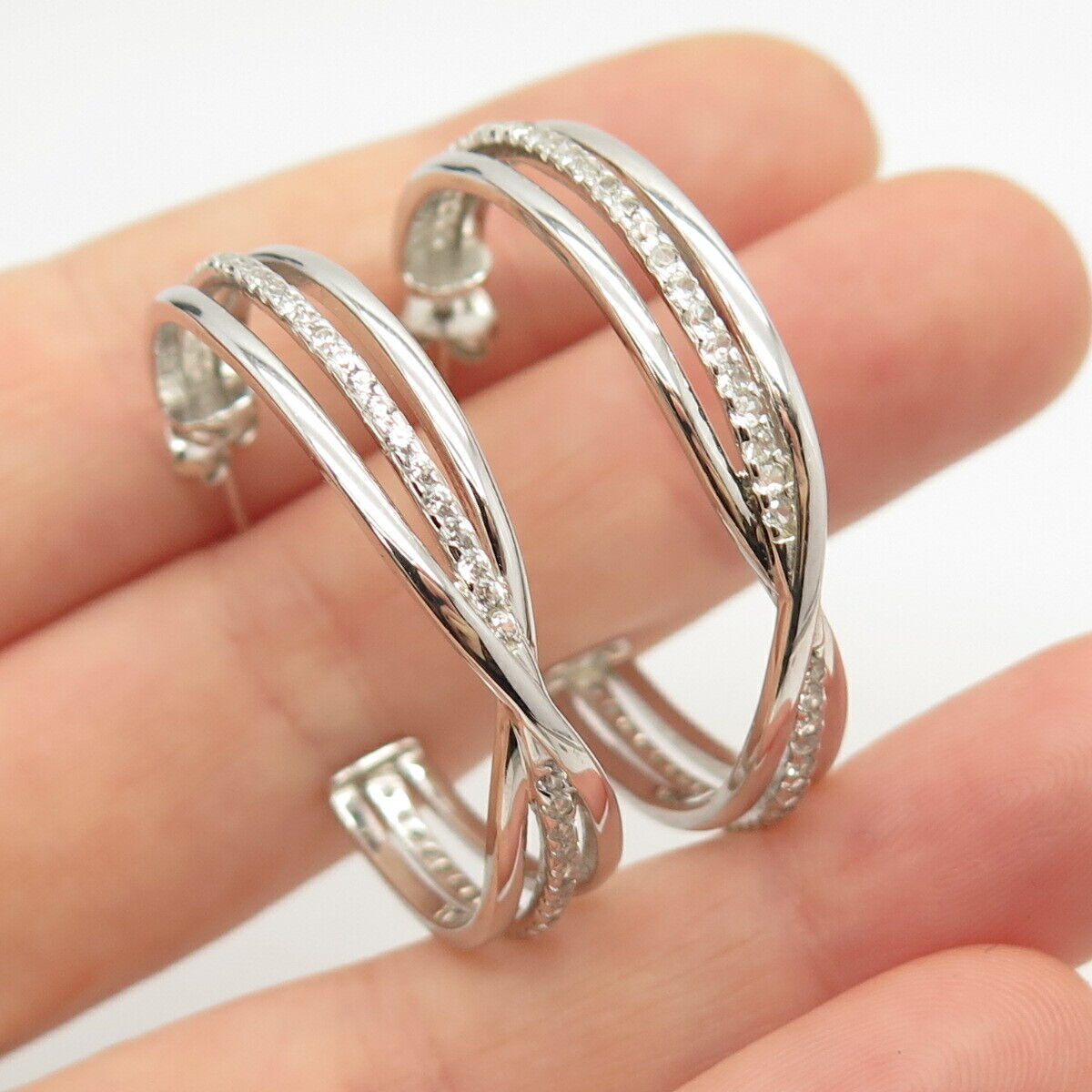 925 Sterling Silver C Z Half Hoop Earrings