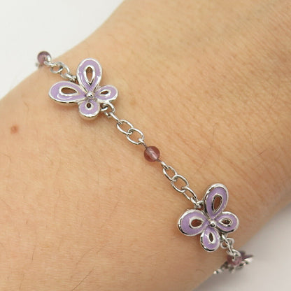 925 Sterling Silver Enamel Butterfly Charms Cable Link Bracelet 7"