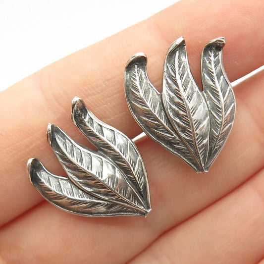 925 Sterling Silver Vintage Textured Leaves Design Screw Back Earrings