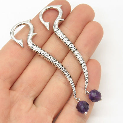 925 Sterling Silver Guess Real Amethyst Gem Textured Hook Design Earrings