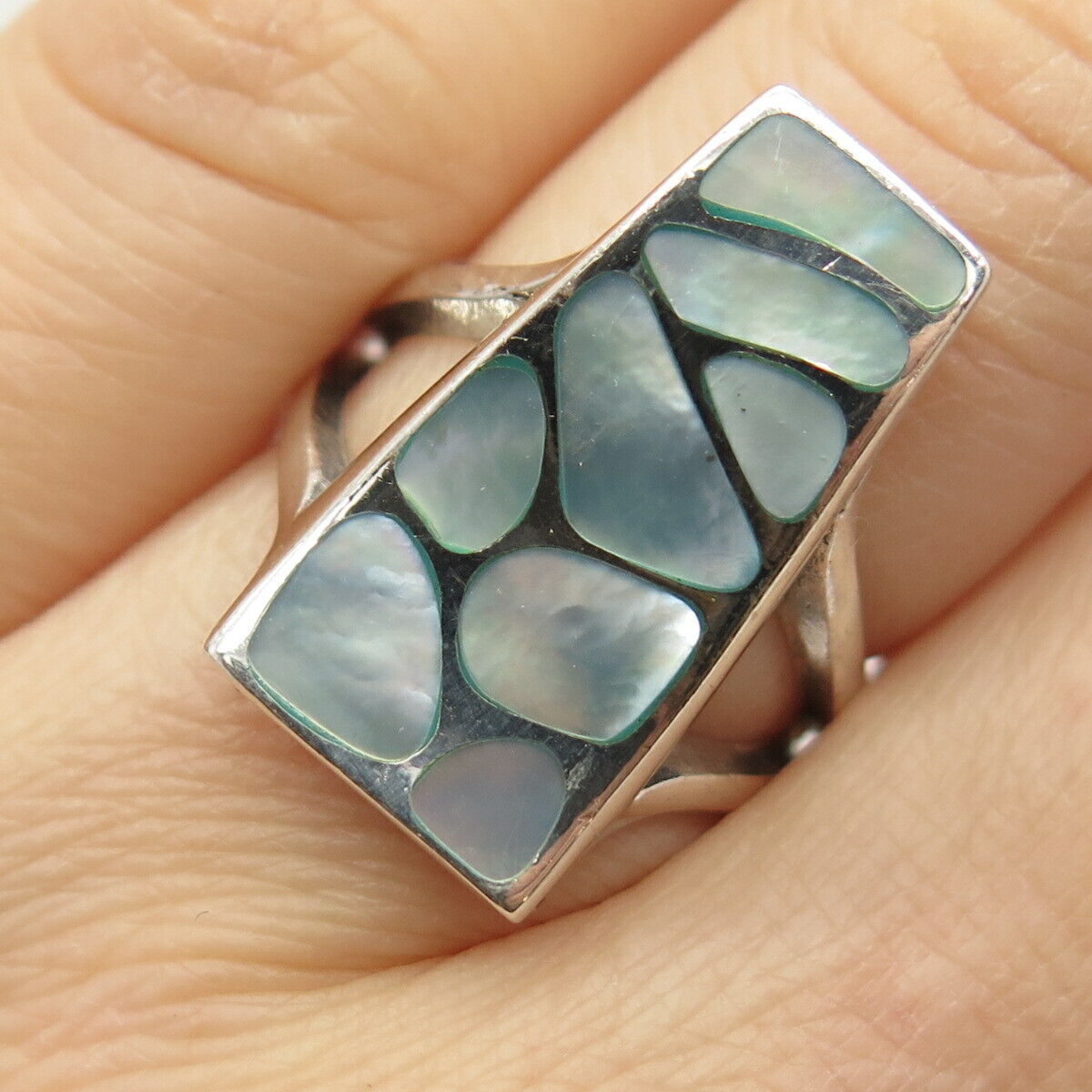 925 Sterling Silver Real Abalone Shell Statement Ring Size 5 3/4