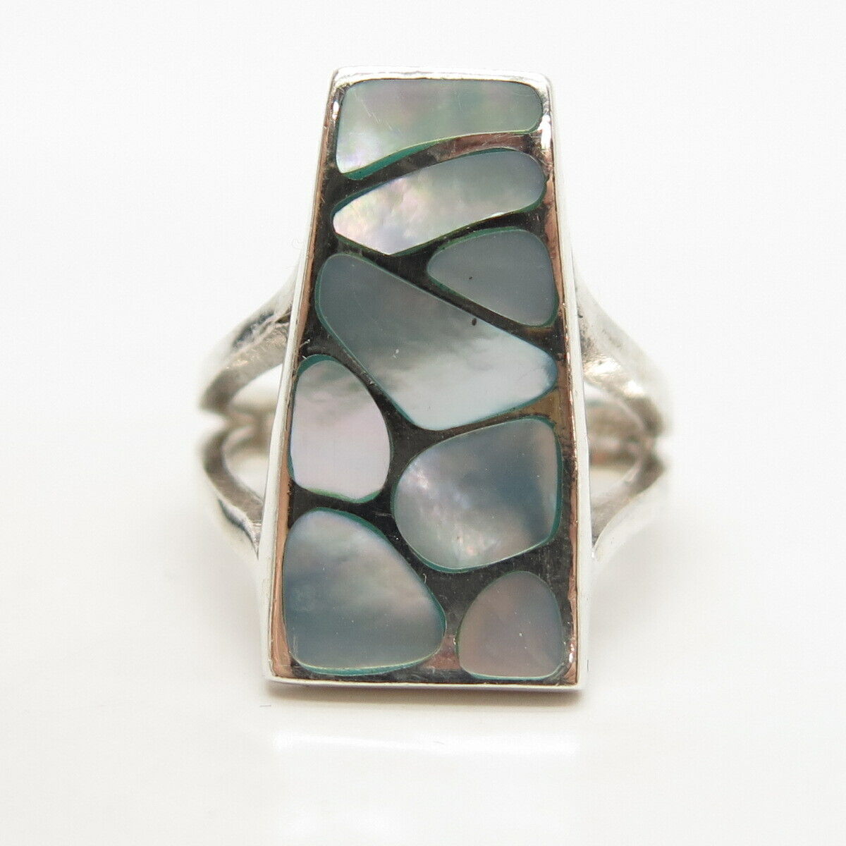 925 Sterling Silver Real Abalone Shell Statement Ring Size 5 3/4