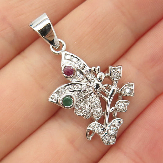 925 Sterling Silver Real Emerald & Ruby Gem Butterfly Floral Design Pendant