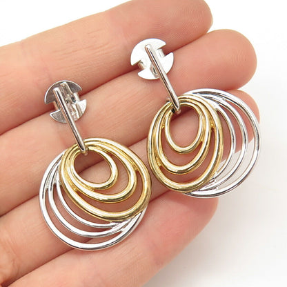 925 Sterling Silver 2-Tone Multi-Circle Design Dangling Earrings