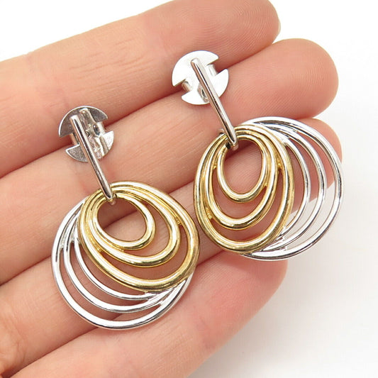 925 Sterling Silver 2-Tone Multi-Circle Design Dangling Earrings