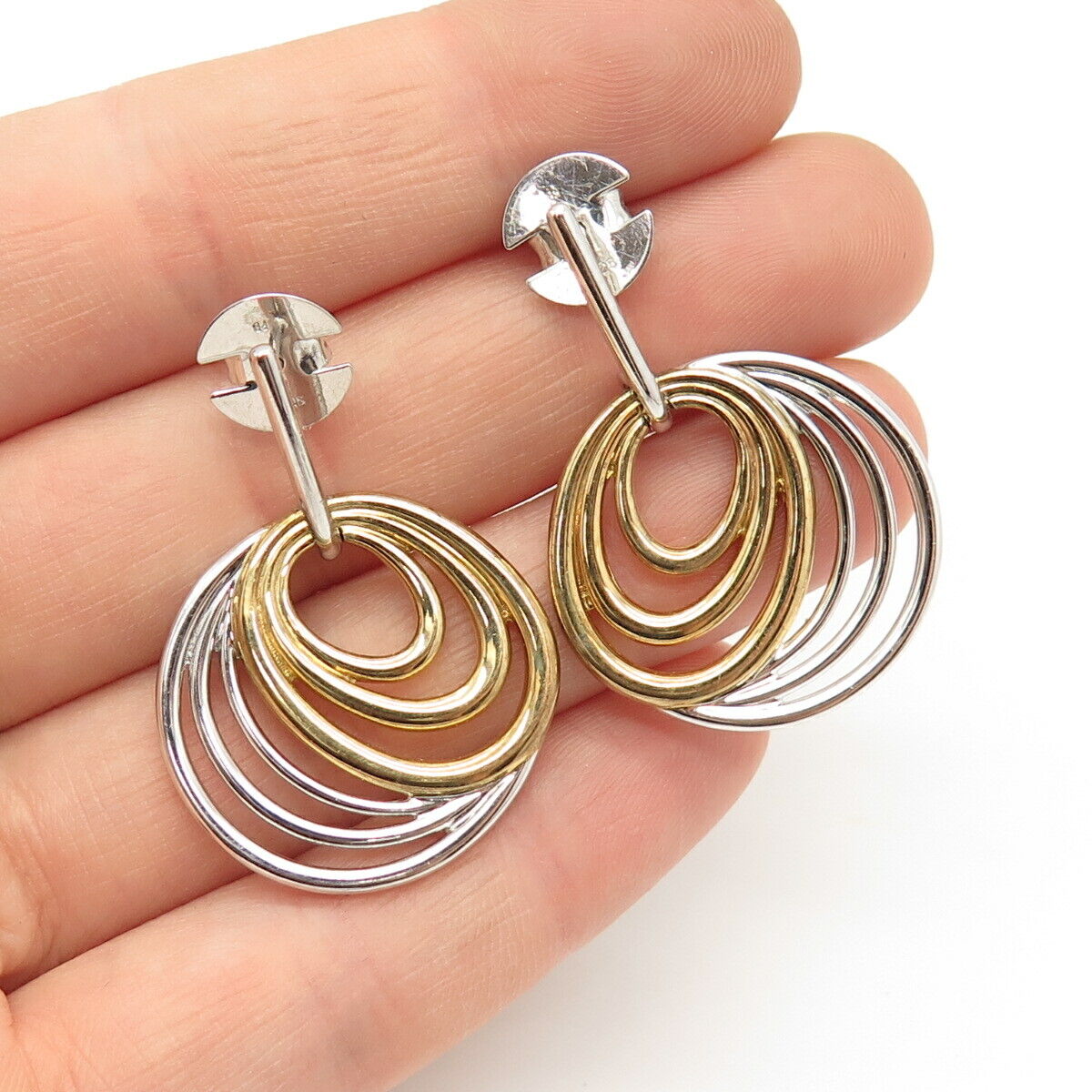 925 Sterling Silver 2-Tone Multi-Circle Design Dangling Earrings