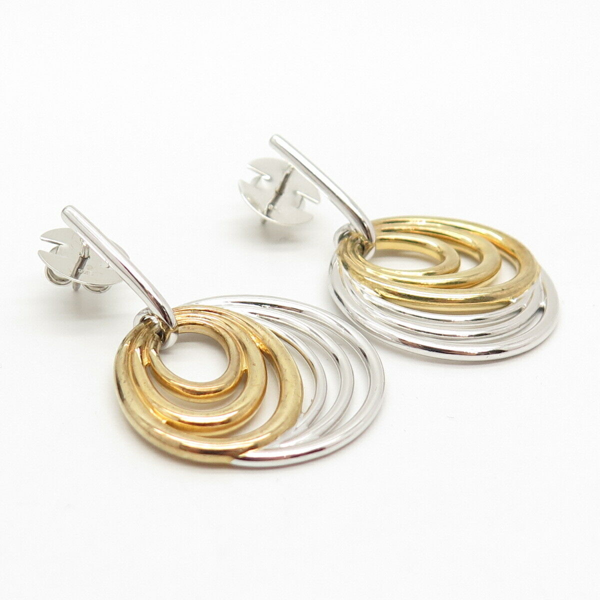 925 Sterling Silver 2-Tone Multi-Circle Design Dangling Earrings