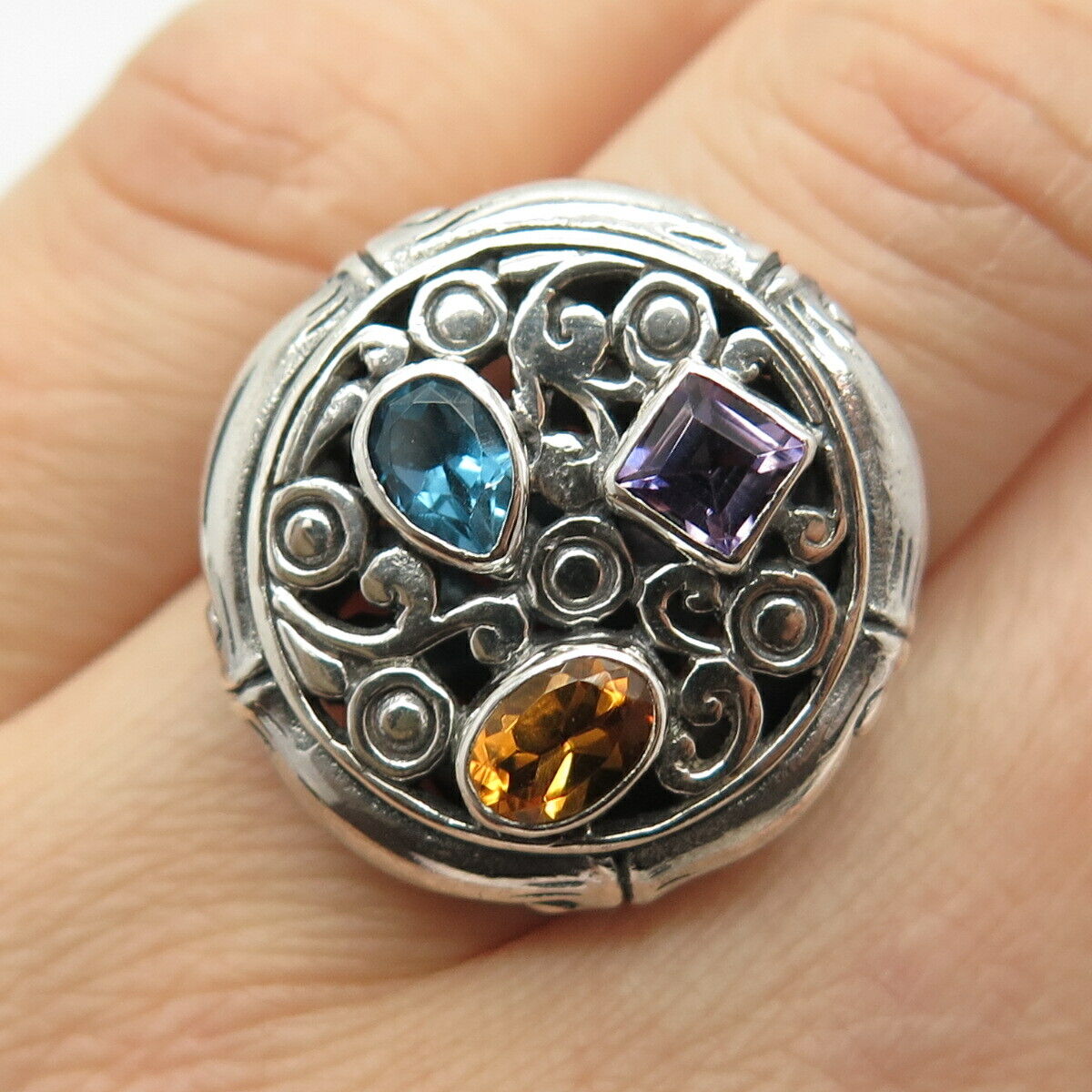 925 Sterling Silver Blue Topaz Amethyst Citrine Gem Ornate Ring