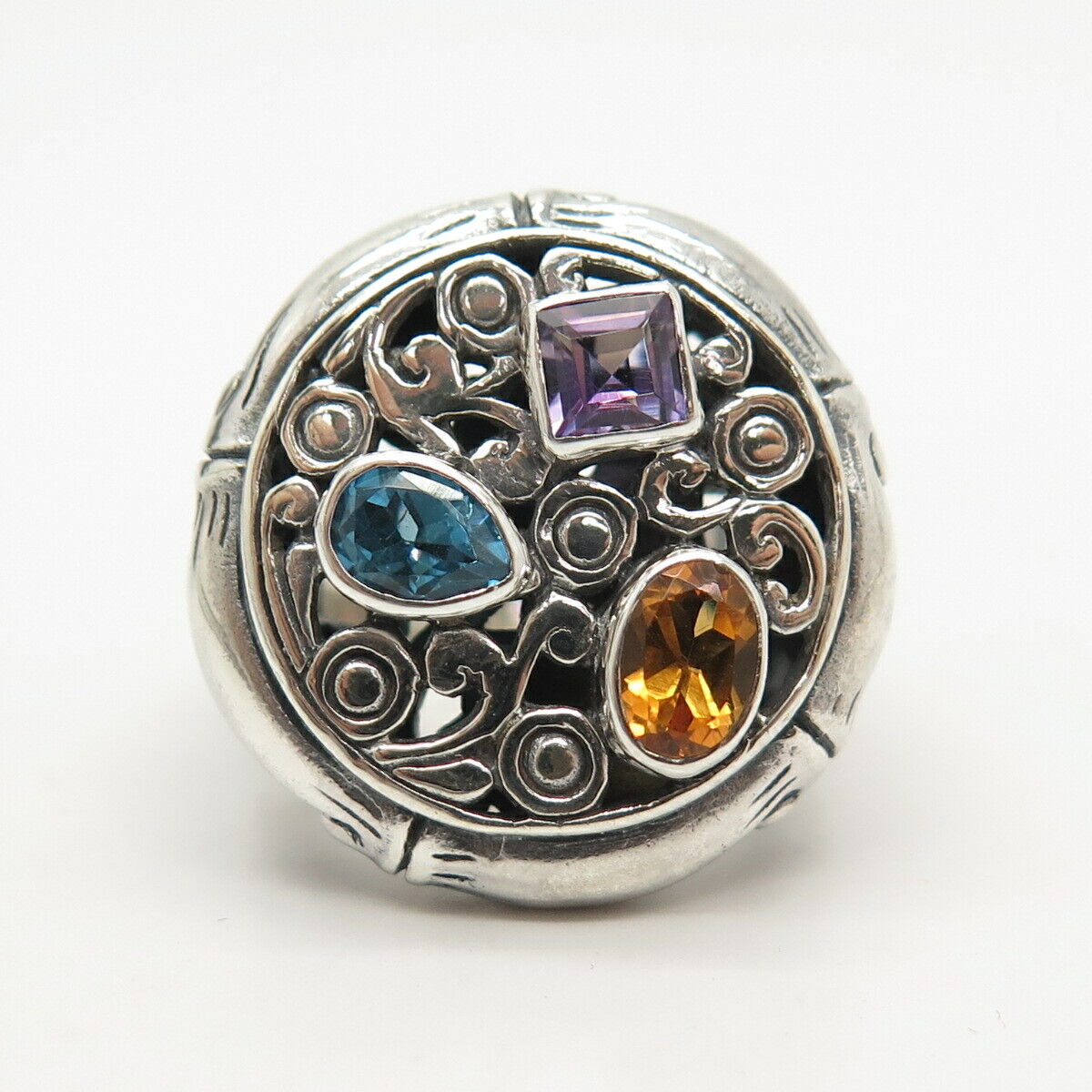 925 Sterling Silver Blue Topaz Amethyst Citrine Gem Ornate Ring