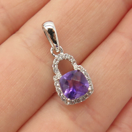 925 Sterling Silver Real Amethyst Gem & C Z Lock Design Pendant