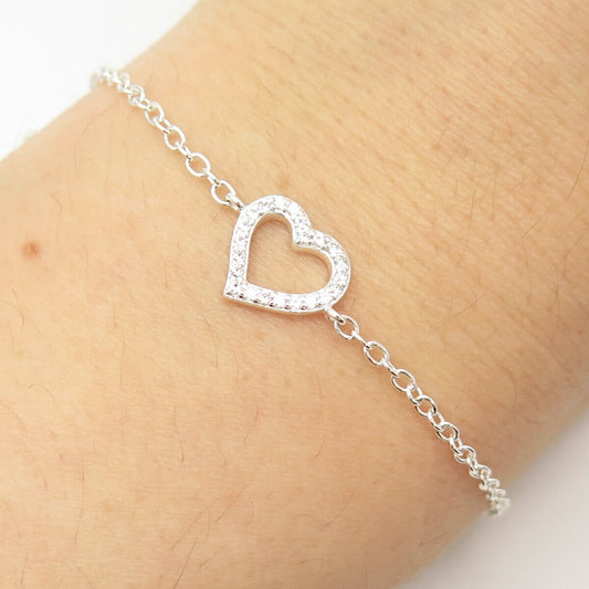 925 Sterling Silver Pave C Z Open Heart Charm Cable Link Bracelet 8"