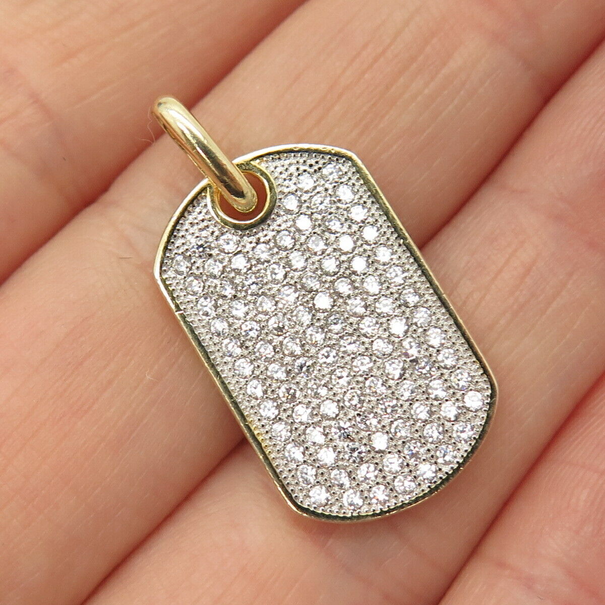 925 Sterling Silver Gold Plated Pave C Z Tag Pendant