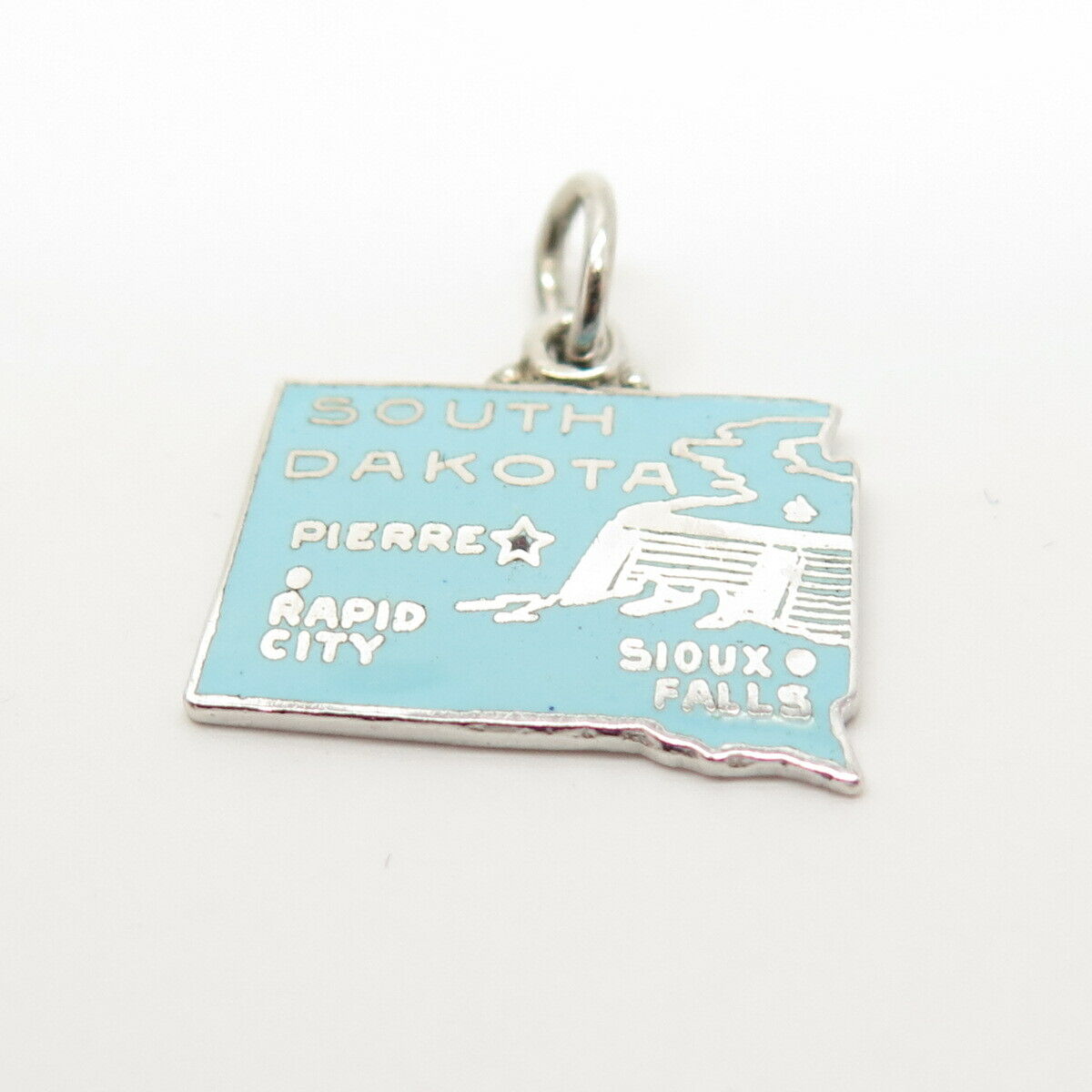 925 Sterling Silver Vintage Enamel "South Dakota" State Map Charm Pendant