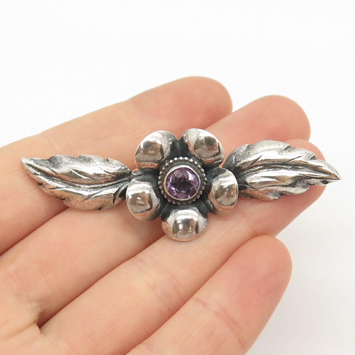 925 Sterling Silver Vintage Real Amethyst Gem Floral & Leaves Pin Brooch