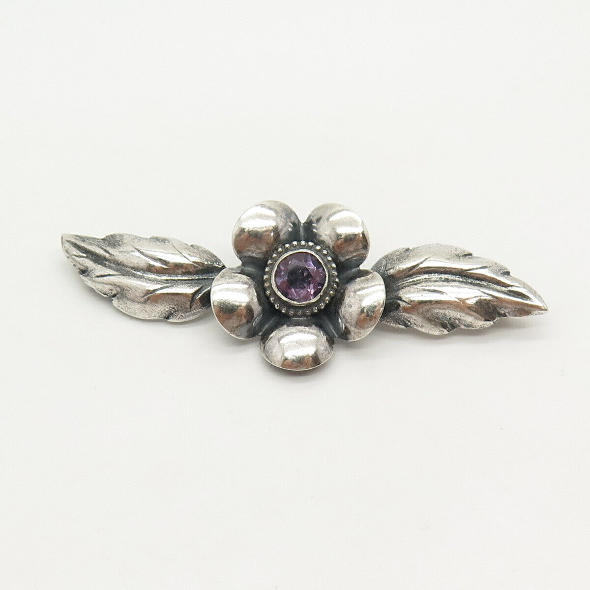 925 Sterling Silver Vintage Real Amethyst Gem Floral & Leaves Pin Brooch