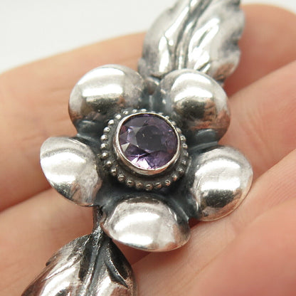 925 Sterling Silver Vintage Real Amethyst Gem Floral & Leaves Pin Brooch