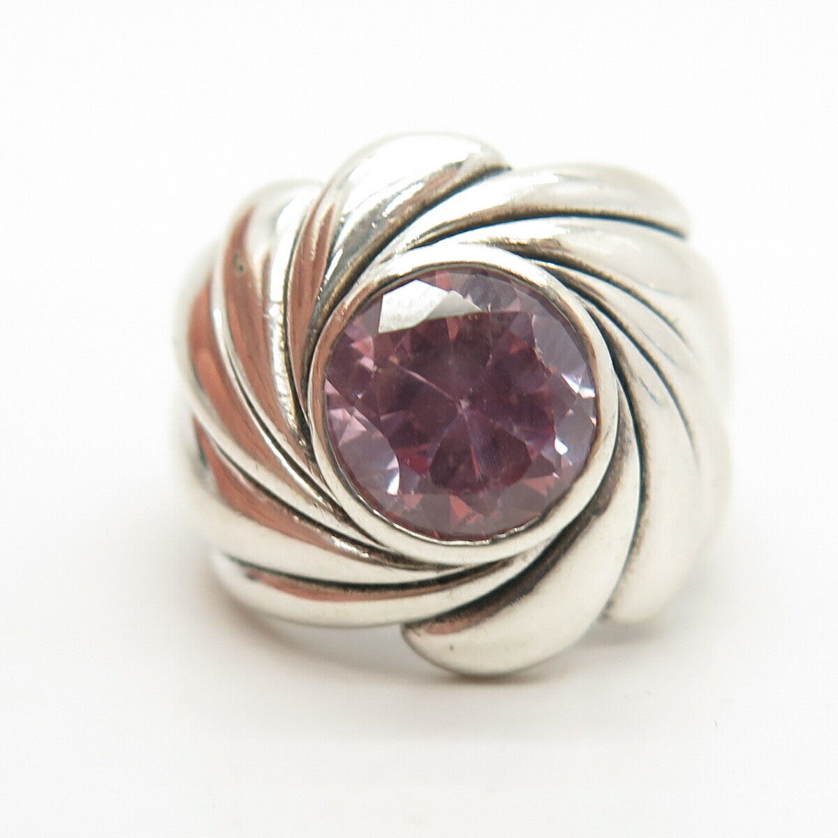 925 Sterling Silver Vintage Amethyst-Tone C Z Swirl Ring Size 7.5