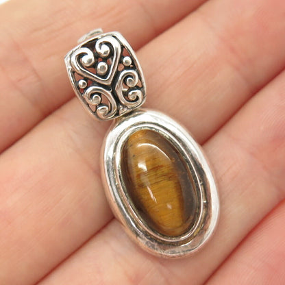 925 Sterling Silver Vintage Real Tiger Eye Gemstone Swirl Pendant