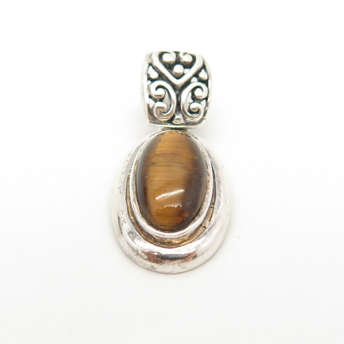 925 Sterling Silver Vintage Real Tiger Eye Gemstone Swirl Pendant