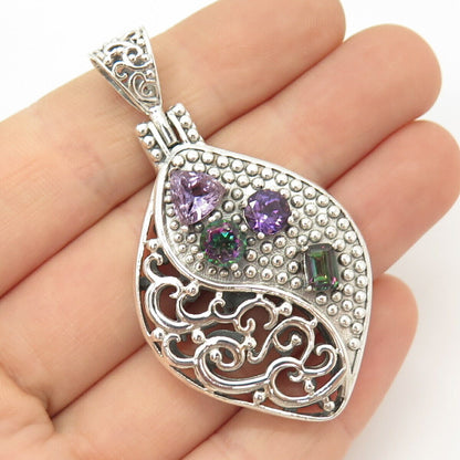 925 Sterling Silver Beria Real Mystic Topaz & Amethyst Gemstone Ornate Pendant