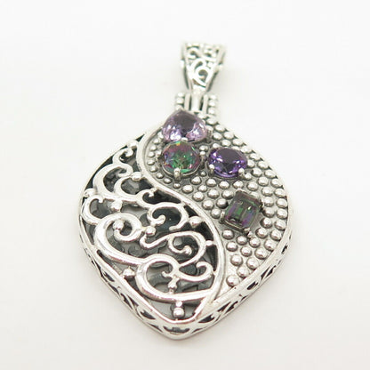 925 Sterling Silver Beria Real Mystic Topaz & Amethyst Gemstone Ornate Pendant