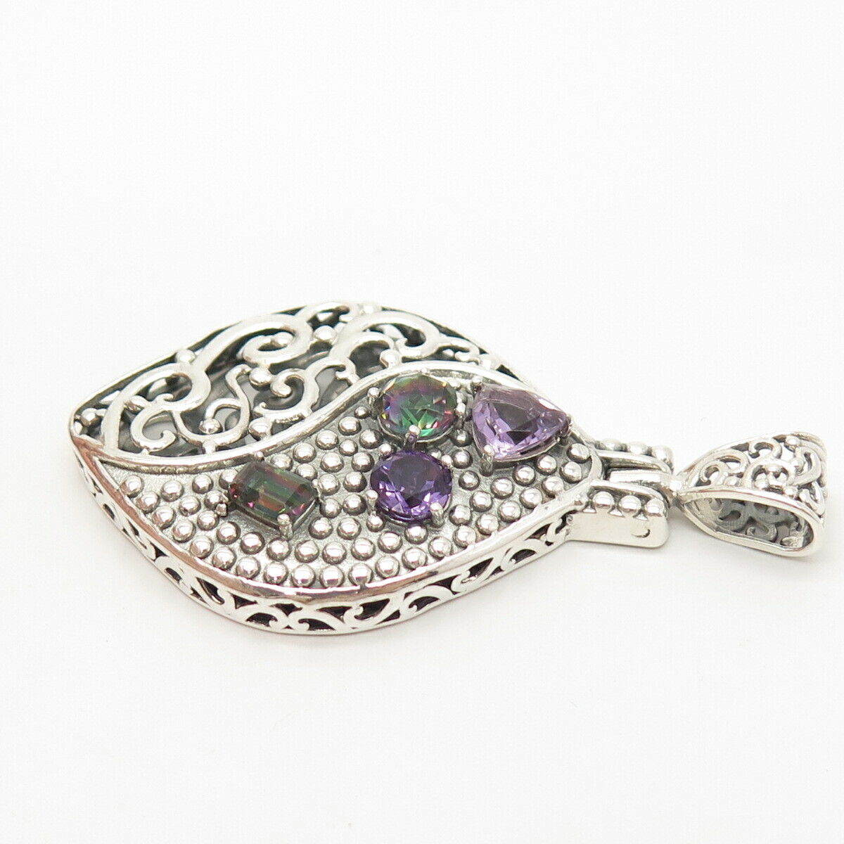 925 Sterling Silver Beria Real Mystic Topaz & Amethyst Gemstone Ornate Pendant