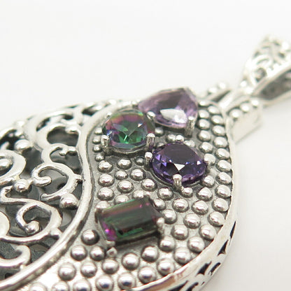 925 Sterling Silver Beria Real Mystic Topaz & Amethyst Gemstone Ornate Pendant