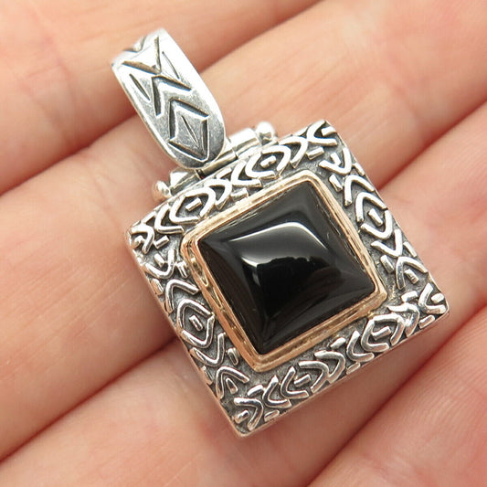 925 Sterling Silver 2-Tone Vintage Real Black Onyx Gem Tribal Pendant