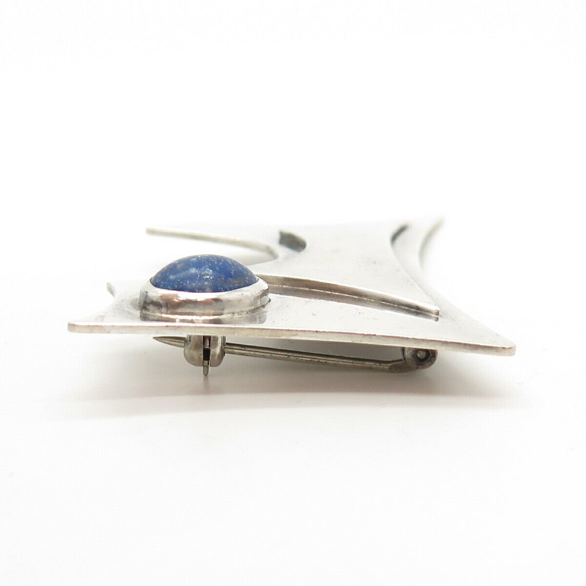 925 Sterling Silver Vintage Real Lapis Lazuli Gem Modernist Pin Brooch