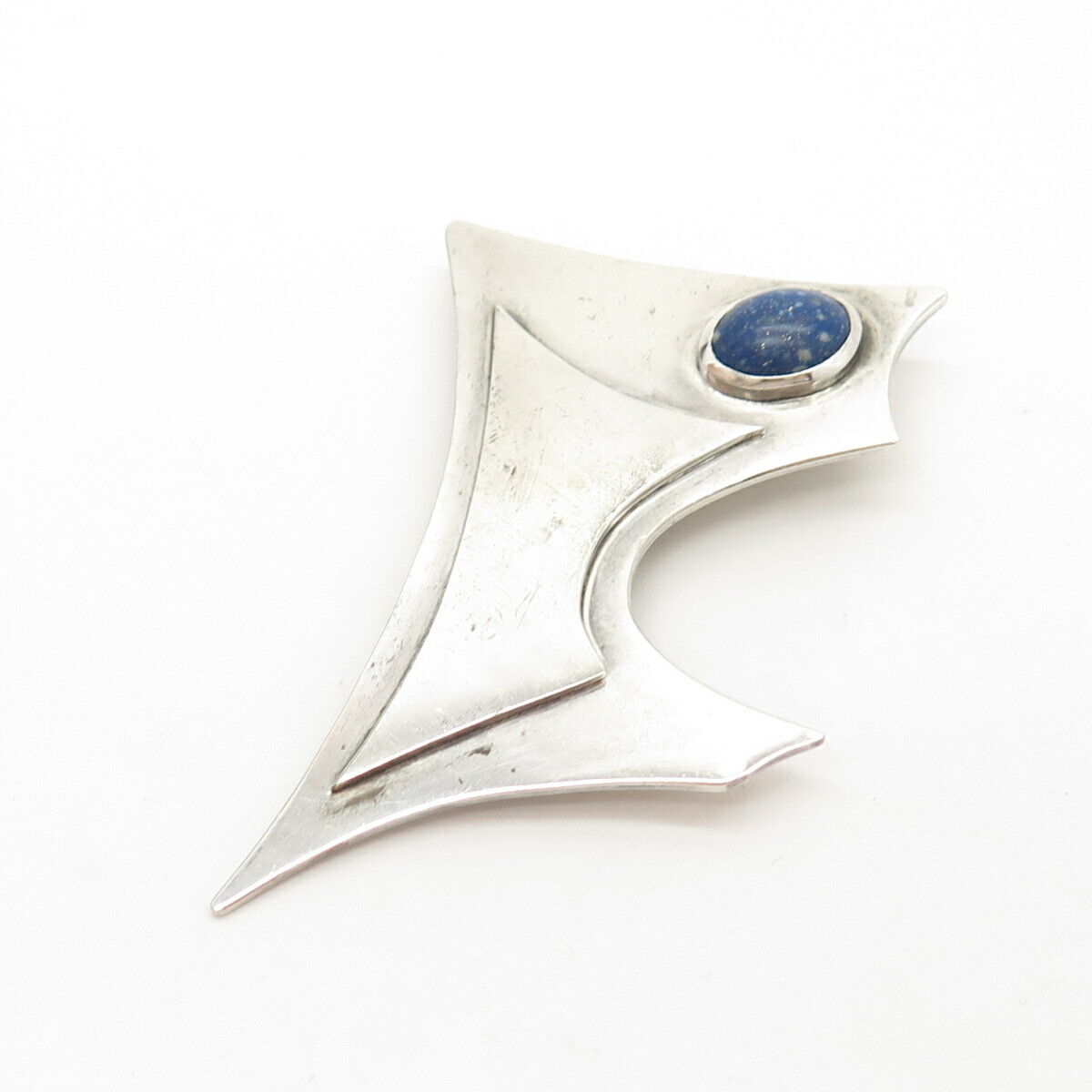 925 Sterling Silver Vintage Real Lapis Lazuli Gem Modernist Pin Brooch