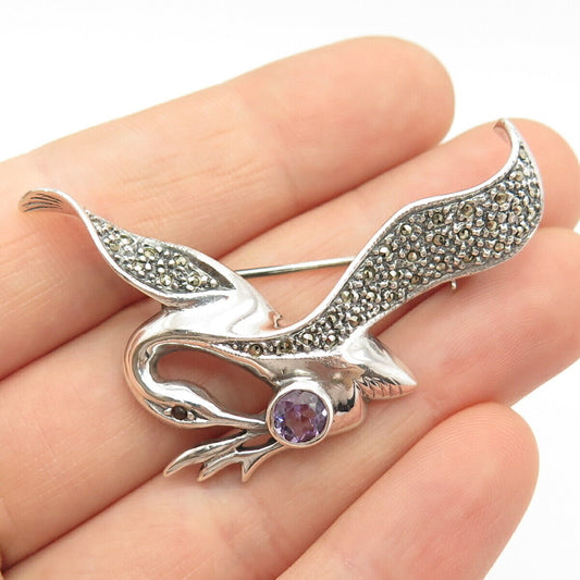 925 Sterling Silver Vintage Real Amethyst & Marcasite Gem Swan Bird Pin Brooch