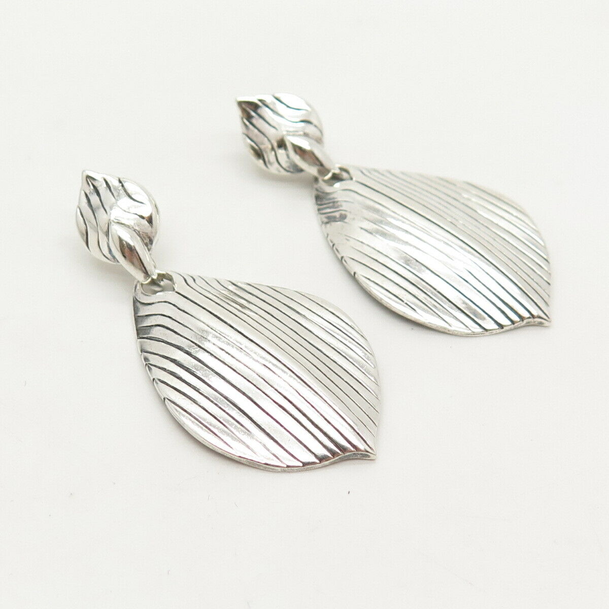 925 Sterling Silver Vintage Textured Leaves Dangling Earrings