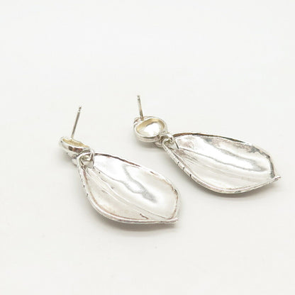 925 Sterling Silver Vintage Textured Leaves Dangling Earrings