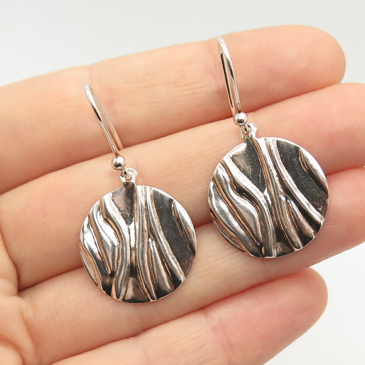 925 Sterling Silver Textured Circle Dangling Earrings