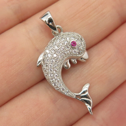 925 Sterling Silver White & Pink C Z Friendly Dolphin Design Pendant