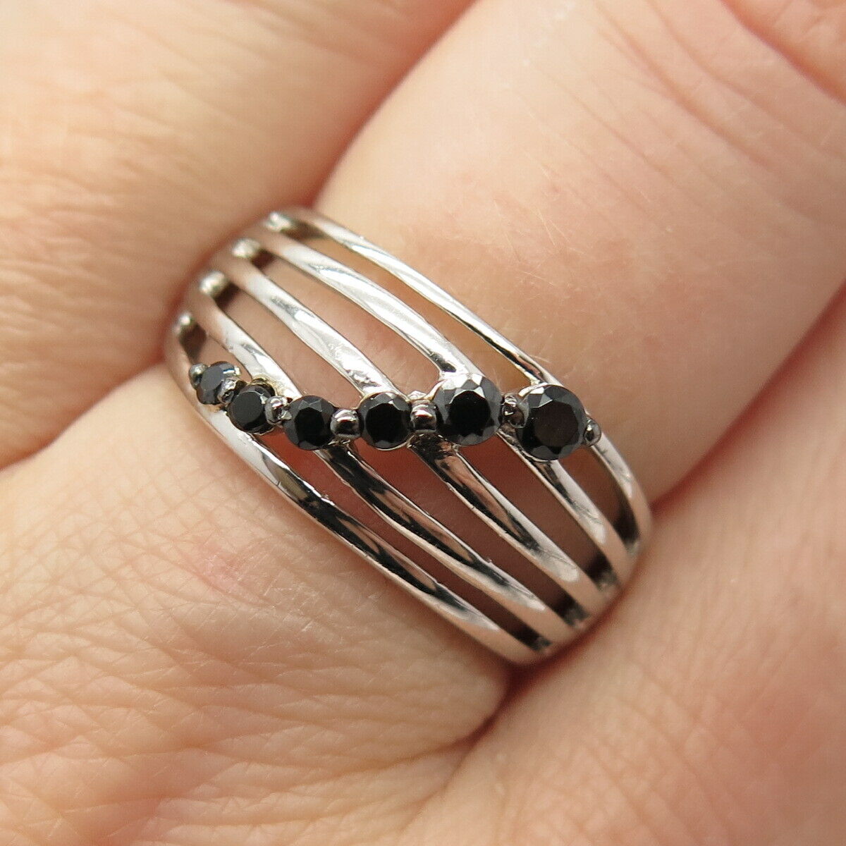 925 Sterling Silver Real Melanite Gem Striped Ring Size 7 1/4