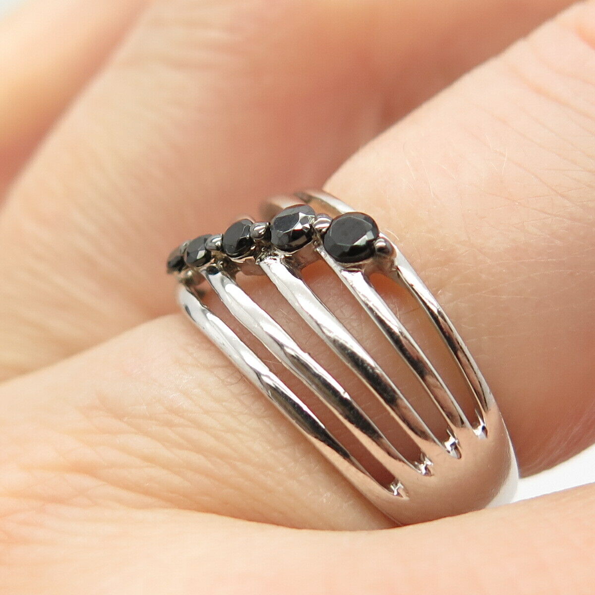 925 Sterling Silver Real Melanite Gem Striped Ring Size 7 1/4