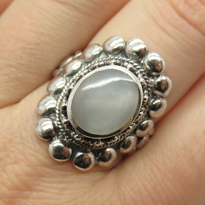 925 Sterling Silver Real Mother-of-Pearl Wide Ring Size 8.5