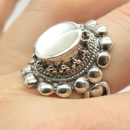 925 Sterling Silver Real Mother-of-Pearl Wide Ring Size 8.5