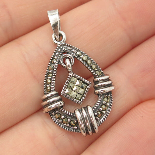 925 Sterling Silver Vintage Real Marcasite Gemstone Ethnic Pendant