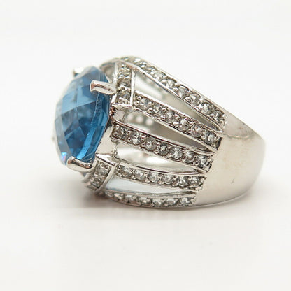 925 Sterling Silver White & Blue Topaz-Tone C Z Wide Ring Size 8