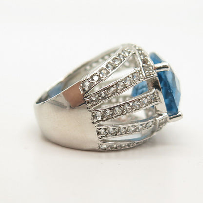 925 Sterling Silver White & Blue Topaz-Tone C Z Wide Ring Size 8