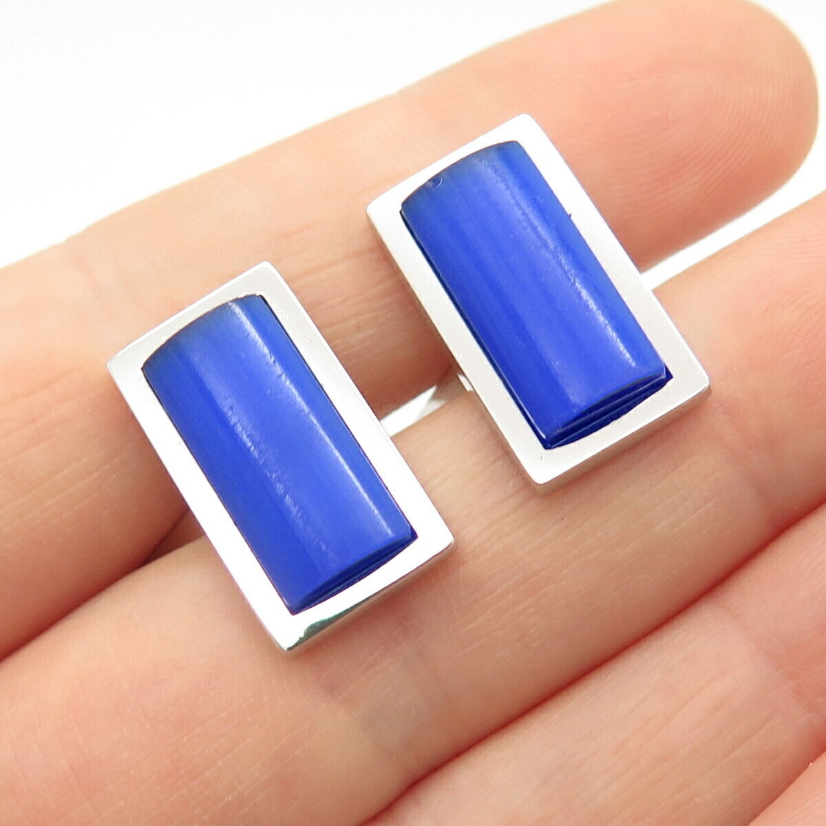 925 Sterling Silver Vintage Walter E Hayward Blue Glass Cufflinks