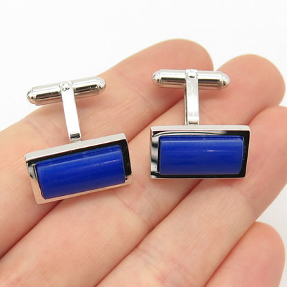 925 Sterling Silver Vintage Walter E Hayward Blue Glass Cufflinks