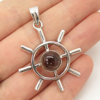 925 Sterling Silver Real Smoky Quartz Gem Marine Steering Wheel Pendant