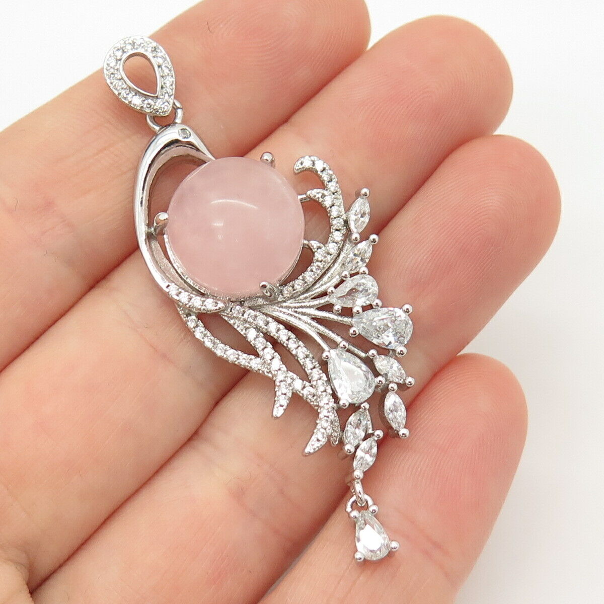 925 Sterling Silver Real Rose Quartz & Pave C Z Floral Pendant