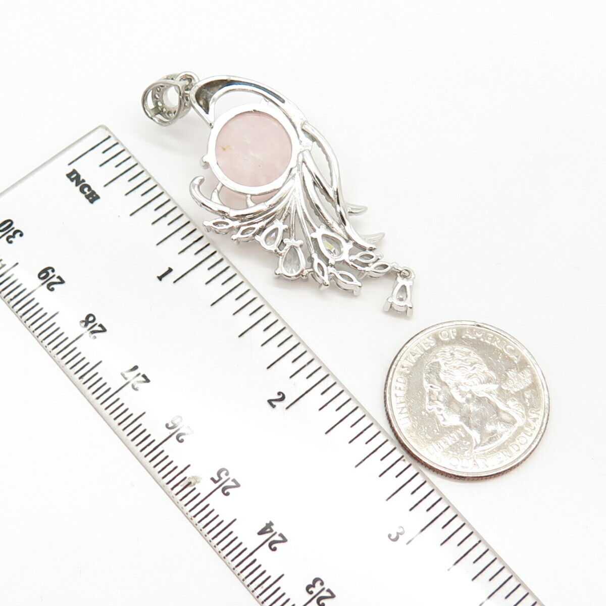 925 Sterling Silver Real Rose Quartz & Pave C Z Floral Pendant