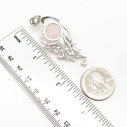 925 Sterling Silver Real Rose Quartz & Pave C Z Floral Pendant