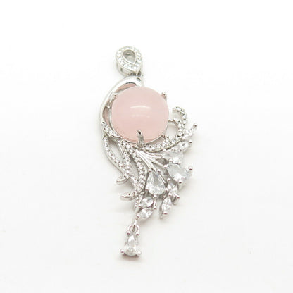 925 Sterling Silver Real Rose Quartz & Pave C Z Floral Pendant